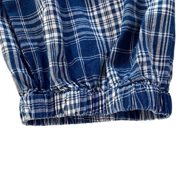 J Crew Plaid Smocked Ruffleneck Top Ansley Blue Wash Ballon 3/4 Sleeve High Neck - Picture 14 of 16